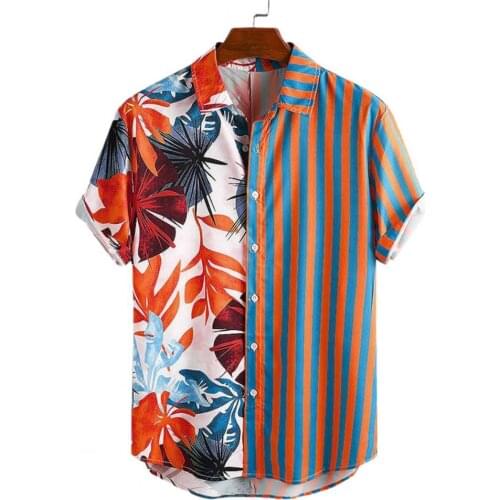 Summer Men Shirt Plant Print Striped Hawaiian Patchwork Short Sleeve Buttons Oversize Cool Shirts Hawaii Beach Party