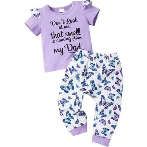 New Fashion Spring Clothing Set Baby Girl Letter Printing Short T-Shirt + Butterfly Long Pants Newborn Outfits 3-18M