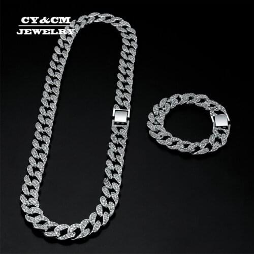 15mm Bling Maimi Cuban Link Chain Necklace Mens Hip Hop Gold Silver Color Iced Out Rhinestone Necklaces Jewelry Drop Shipping