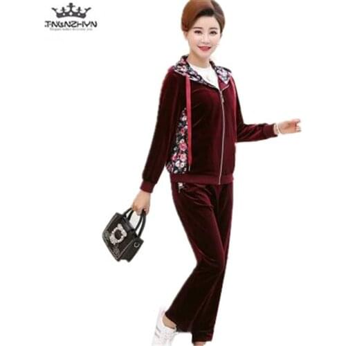 Tnlnzhyn 2019 Spring elderly Women Sporting Suit 2 Pieces Set Zippers Hooded Sweatshirts And Pants Casual gold velvet Suits A91