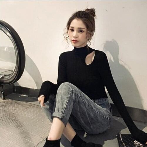 Spring And Autumn New Korean Half High Neck Hollow Out Black Long Sleeve T-shirt Slim Bottomed Shirt Women Tshirt Careful Vogue