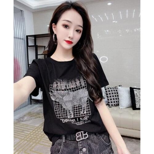 2021 summer new heavy heavy drilling T-shirt womens trend cartoon cow short sleeve jacket women