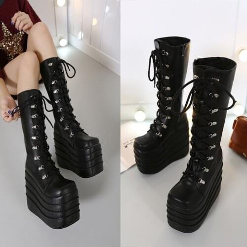 US4-11 Womens Punk Wedge Heels Knee High Thigh Boots PU Leather Lace Up Platform Shoes Super High 16CM Cosplay Black White C283