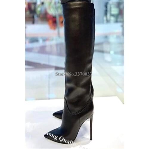 Linamong Newest Fashion Women Pointed Toe Black Leather Stiletto Heel Knee High Boots Sexy Side Zipper-up Long High Heel Boots