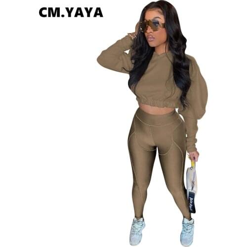 CM.YAYA Women Two 2 Piece Set Outfits Elegant Lantern Sleeve Tops and Legging Pants Sport Yoga Matching Set Vintage Tracksuit