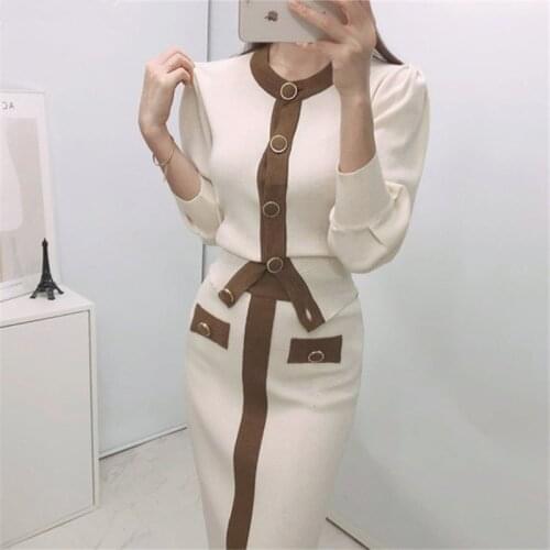 ZAWFL 2021 Autumn Korean Knitted Color-blocked Two Piece Sets Women Long Sleeve Cardigan + Elastic Waist Long Skirt Suits Outfit