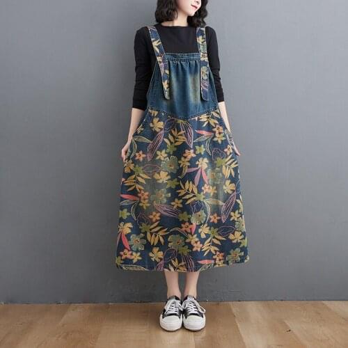 Women Denim Straps Dress 2021 New Plus Size Sleeveless Patchwork Floral Loose Jeans Dresses Female Summer Clothes Vestidos Mujer