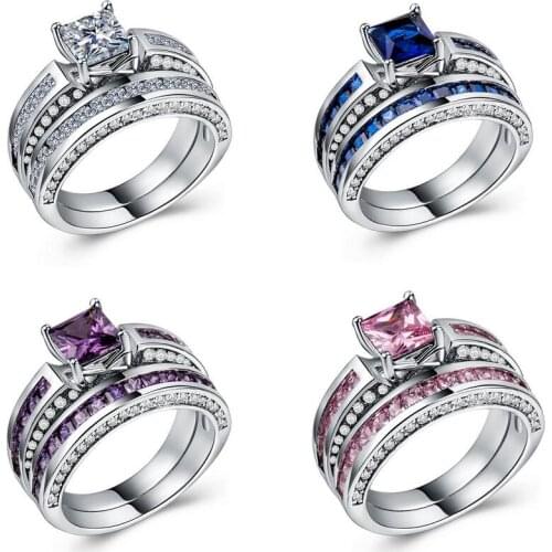 2018 Top Selling Wholesale High Quality Luxury Jewelry 10KT White Gold Fill Princess Cut Multi Color AAA CZ Bridal Ring Set Gift