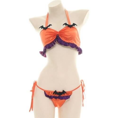 AniLV Halloween Ruffle Halter Strap Bikini Swimsuit Costume Summer Beach Girl Little Bat Swimwear Uniform Set Cosplay