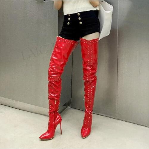 BERZIMER Women Crotch High Boots Side Zip High Heels Over Knee Boots Rivets Cosplay Club Ladies Shoes Woman Large Size 30 45 48