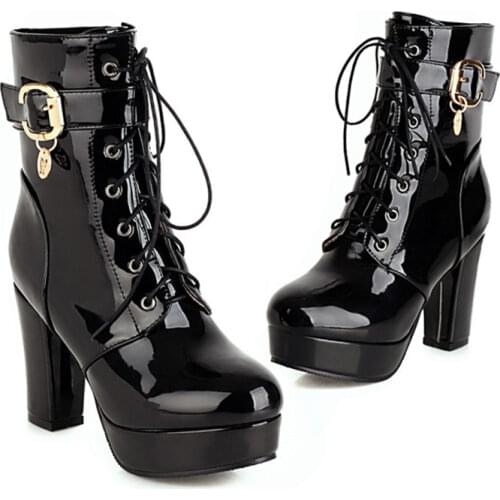 Ochanmeb Shiny Patent Leather High Heels Boots Women Oversize 48 14 Platform Metal Buckle Cross Tied Lace up Booties Shoes Woman