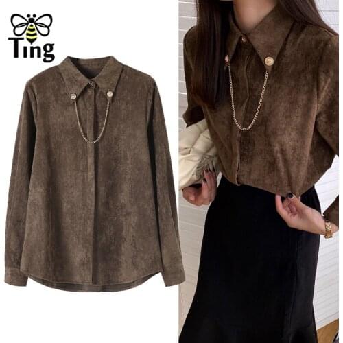 Tingfly Designer Fashion Lapel Collar Winter Suede Women Blouses with Button Link Decor Button Up Zaro Blusa Mujer Moda Traf