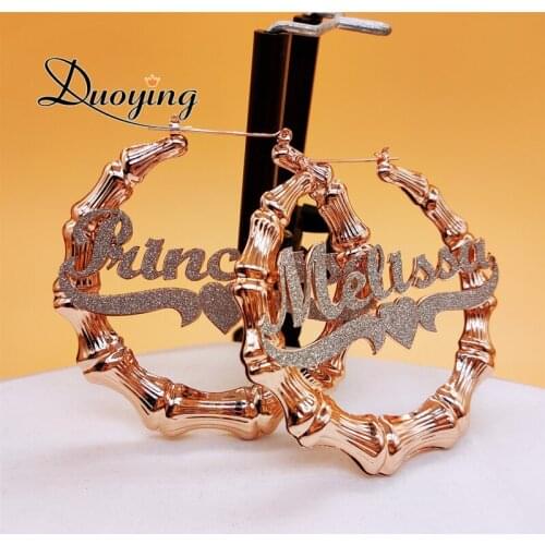 Duoying Hiphop Bamboo Hoop Custom Earrings Sexy Bamboo Hoop Earrings Heart Mode Customize Name Earrings Statement Acrylic Style