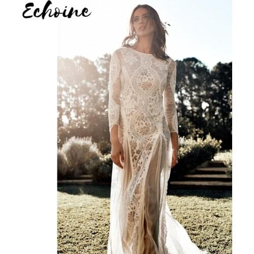 Echoine Dreamy Long Sleeve Floral Lace Wedding Party Dress Women Sexy O Neck Backless Effortless Style Party Dresses Plus Size