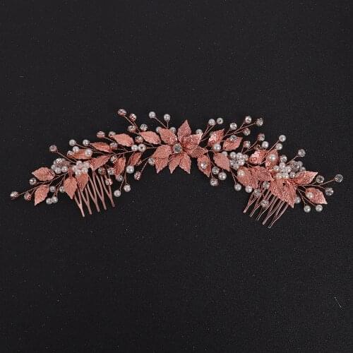 Rose Gold Leaves Wedding Headband Rhinestone Pearl Women Accessories Hair Comb For Bride Flowers Hair Jewelry Decoration