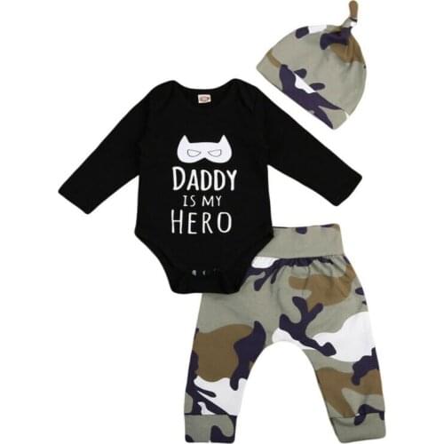Newborn Baby Boys Long Sleeve Romper Letter Bodysuit Jumpsuit Camo Pants Hat Outfits Set Clothes