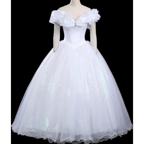 Movie Cinderella Cosplay Costume Adult Women Gorgeous Pure White Princess Dress For Halloween Widding Party