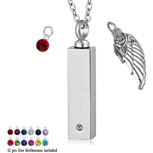 Angel Wing with 12 Piece Birthstone Pendant Charm Bar Memorial Urn Necklace Cremation Ashes Jewelry Keepsake