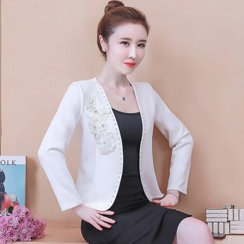 Stylish lady autumn jackets women fashion long sleeve oversize bomber coats outerwear pearl beaded applique open stitch bolero