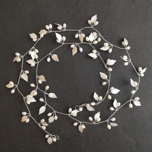 SLBRIDAL Handmade 3 Colors 1M Length Alloy Leaf Pearls Long Bridal Hair Vine Hairband Bridal Headband Women Girls Hair Jewelry