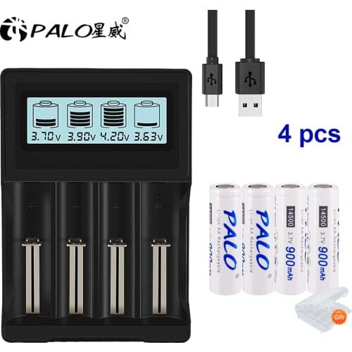PALO 3.7V 14500 AA li-ion rechargeable 14500 battery 900mAh 3.7V lithium and battery charger for 14500 16350 18650 18500 battery