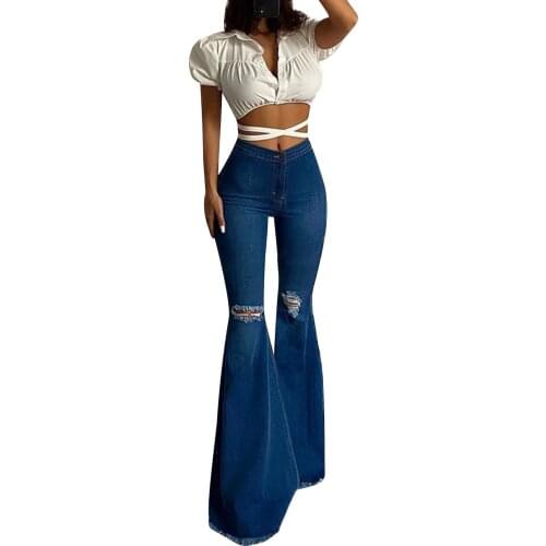 Fashion Women Ripped Denim Flared Pants High-waisted Version with Hollow Decoration Solid Color Tight Jeans Clothing