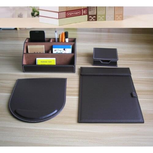 High-quality wood PU leather office desk organization set A4 conference file folder stationery organizer pen holder note case