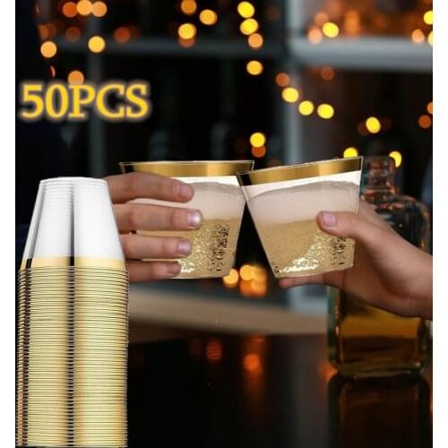 Disposable Rose Gold Edge Hard Plastic Cup Juice Whiskey Cup 50pcs Transparent Cups Party Tumblers Beverage Wine Glass Cup Set