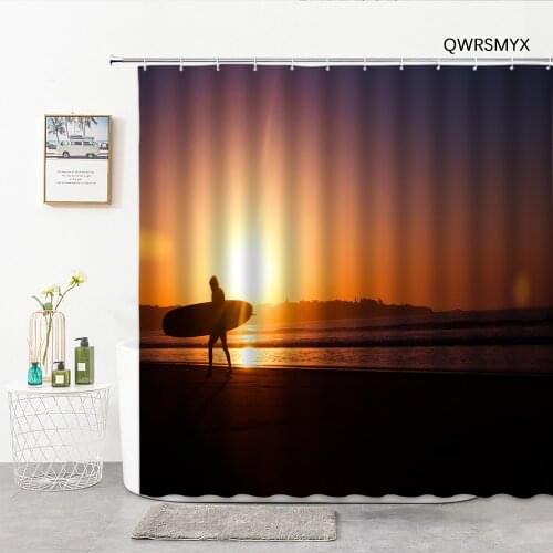 Scenery Shower Curtain Man Holding A Surfboard At Sunrise Bathroom Curtain Home Background Wall Covering Decor Bathroom Products