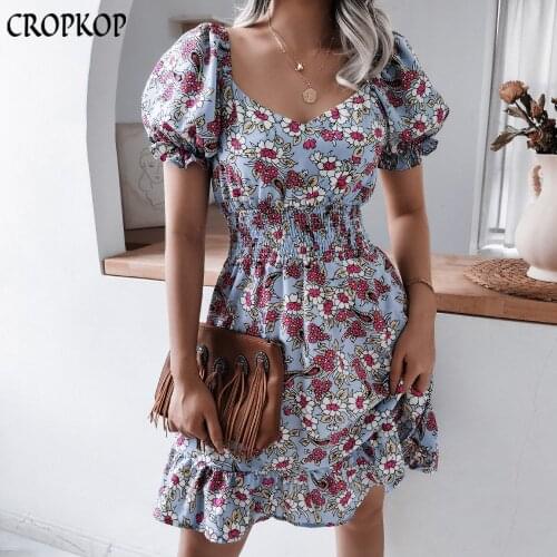 Women Casual Floral Short Sleeve Summer Dress Elegant Puff Sleeve Ruffle Beach Dresses Summer 2021 Vintage White Party Dress