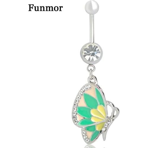 Funmor Butterfly Navel Button Ring Piercing Jewelry Crystal Women Girls Summer Bikini Beach Decoration Body Accessories Presents