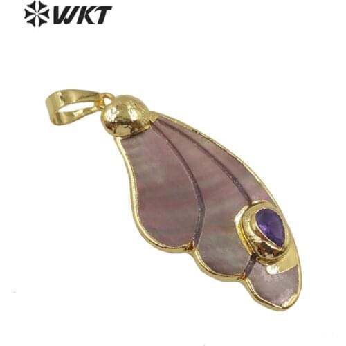 WT-JP199 Amazing gorgeous WKT design feather shell pendant with CZ charm pink shell pendant