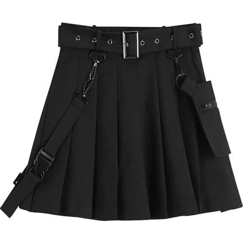 2019 Hot Punk Style Japanese Korean Black Pleated Short Skirt Girls Summer Solid Color High Waist Plaid Skirt Free Belt+Satchel