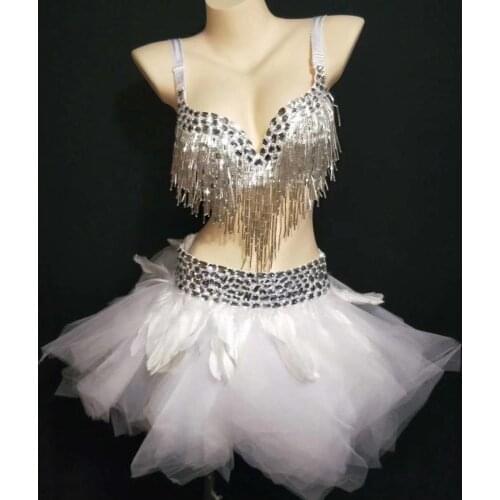 Female White Rhinestone Tassles Spaghetti Strap and Crystals Feather Fluffy Skirt Womens Fashion Dance Performance Clothing