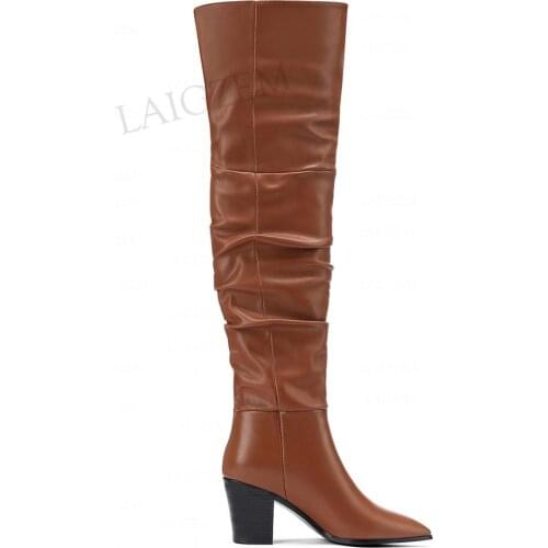 DOBANER Women Over Knee Boots Pointy Toe Genuine Leather Chunky Heels Sloutch Boots Pull On Ladies Shoes Woman Plus Size 43 45