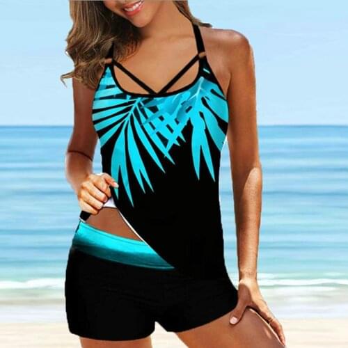 Women Swimwear 2021 Summer Strap Cross Backless Tankini Set Vintage Print Two Pieces Tops and Shorts Set Beach Bathing Suit