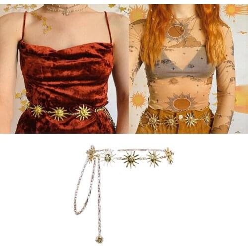 Gothic Punk Women Skinny Belt Vintage Harajuku Boho Metal Sun Pendant Charm High Waist Chain Beach Party Body Jewelry