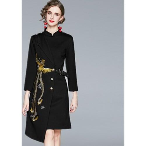 Fashion Designer Dress Spring Autumn Womens Dress Stand Collar Embroidery Elegant Emperament Slim Asymmetrical Dresses Vestido