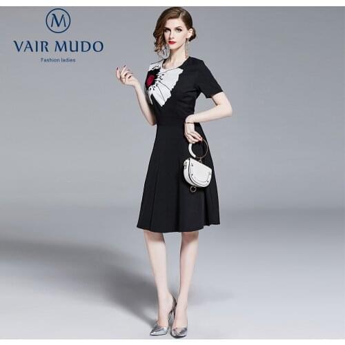 VAIR MUDO Amoi Womens Dress Elegant Catwalk Short-Sleeved Small Fragrance High-Waisted Slim-Fit Fashion Dress Women BlackY-144