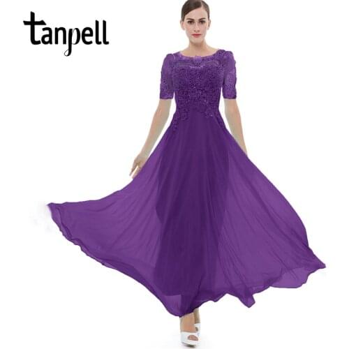 Tanpell purple long evening dress lace beading o neck short sleeves ankle length a line dress women formal prom evening dresses