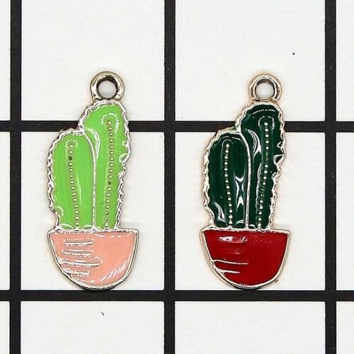 10pcs 9*23MM Enamel Green Plant Potted Cactus Metal Charms Pendants Fit Earring Bracelet Floating DIY Jewelry Golden Base XL924