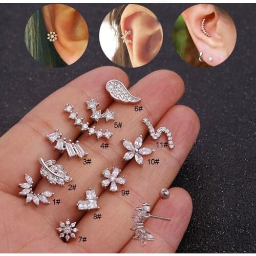 Bar With Cz Snake Wings Flower Rook Conch Tragus Screw Back Earring Stud Cartilage Helix Piercing Jewelry