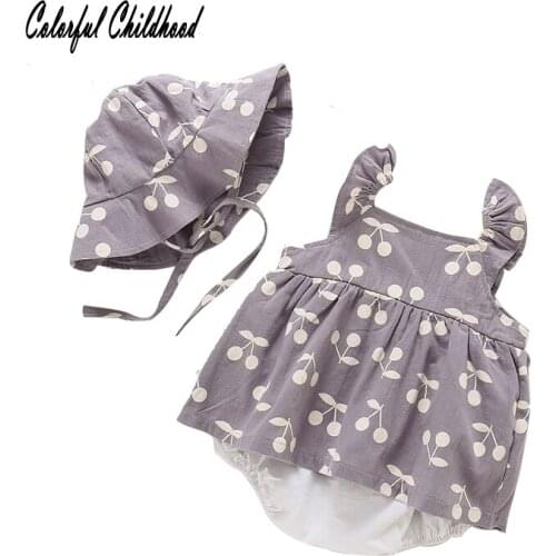 Sweet cherry printing pattern romper baby clothes summer newborn baby jumpsuit toddler girls overalls infant onesie+hat children