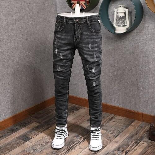 European Vintage Fashion Men Jeans Retro Black Gray Elastic Slim Ripped Jeans Men Distressed Designer Cotton Denim Punk Pants