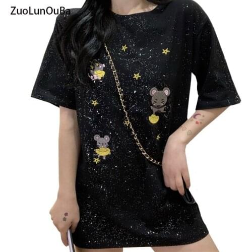 ZuoLunOuBa New Casual Loose Summer Women T Shirt Embroidery Shiny Star Cartoon Cute Treasure Mouse Tees Top Short-sleeved Female
