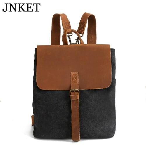 JNKET New Retro Womens Canvas Backpack Crazy Horse Leather Bagpacks Casual Shoulders Bag Outdoor Travel Bagpacks Crossbody Bags