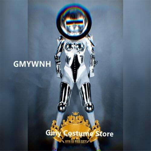 K44 Ballroom dance costumes stage singer wears robot suit bar dj dresses outfit silver mirror bodysuit clothe club performance