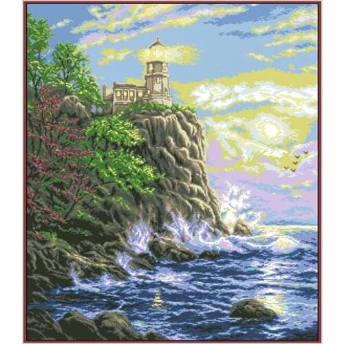 Quality 14CT Counted Unprinted Cross Stitch Kits Needlework Embroidery Home Decor Arts Lighthouse on the Cliff Seaside Scenery