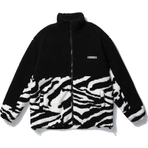 LACIBLE Hip Hop Zebra Pattern Sherpa Jackets Men Women Streetwear Pocket Decoration Jacket 2021 Winter Harajuku Jackets