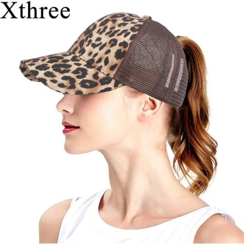 Xthree Leopard Print Summer Ponytail Baseball Cap Mesh Hats For Women Messy Bun Casual Hip Hop Snap back Gorras Hombre hats